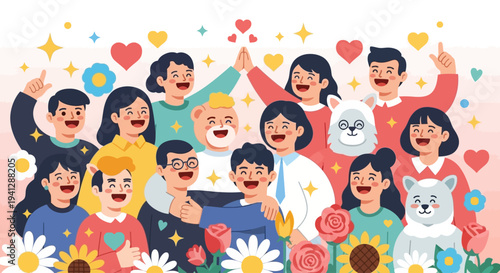 A group of diverse happy people expressing positive emotions with floating hearts, stars, and flowers on a colorful gradient background.