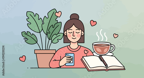 A young woman enjoys a moment of self-care with her phone, a warm drink, and a journal.