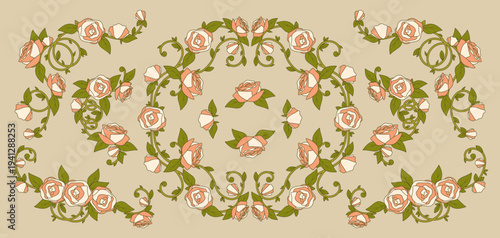 Vintage nouveau floral border with roses and delicate vines with leaves, retro pattern, corner frame with pink flowers for romantic wedding invitations, botanical prints, or decorative book covers.