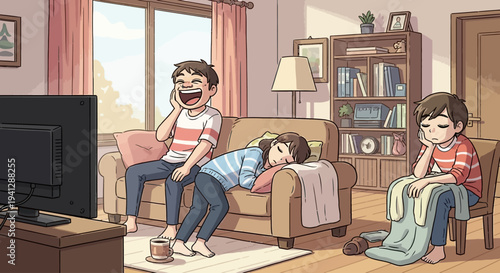 A family relaxing in their living room, with two children watching TV and one child sleeping on the couch.