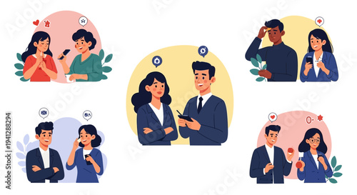 Illustrations depicting various relationship dynamics and communication styles between couples using smartphones.