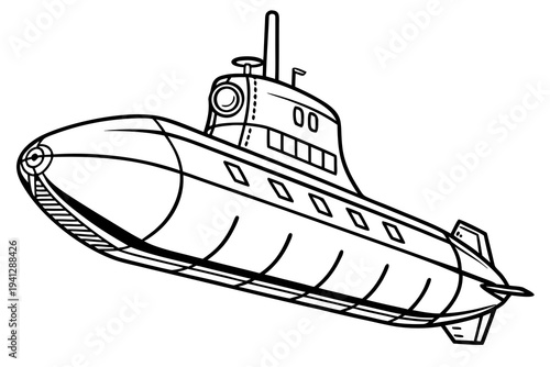 Simple Submarine Line Drawing Coloring Page, Black and White Vector Art