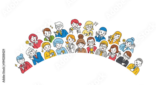 A group of diverse happy people expressing positive emotions with floating hearts, stars, and flowers on a colorful gradient background.