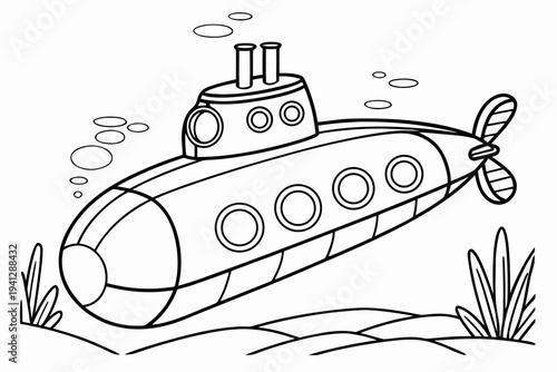 Simple Submarine Line Drawing Coloring Page, Black and White Vector Art