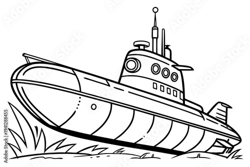 Simple Submarine Line Drawing Coloring Page, Black and White Vector Art