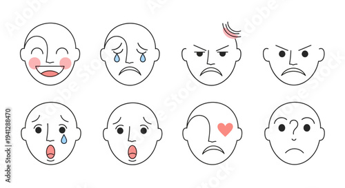 Collection of eight stylized human faces expressing various emotions through simple line art and color accents.