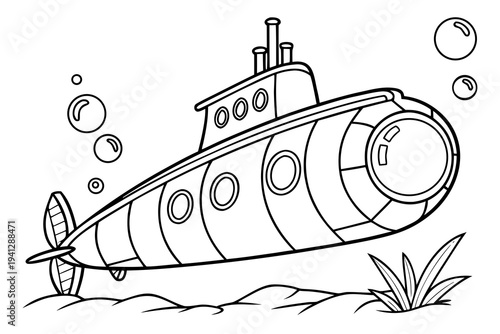 Simple Submarine Line Drawing Coloring Page, Black and White Vector Art