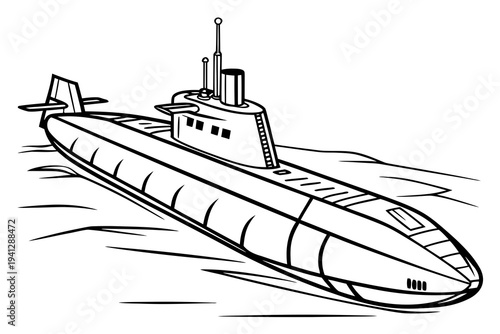 Simple Submarine Line Drawing Coloring Page, Black and White Vector Art