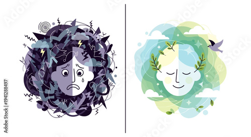 Illustration depicting contrasting emotional states: one side shows a distressed face surrounded by chaotic dark elements, the other a serene face with light, natural imagery.