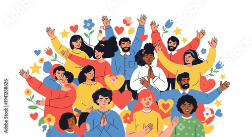 A diverse group of people of various ethnicities and ages, smiling and waving with their hands raised in a celebratory and welcoming gesture, surrounded by colorful hearts and flowers.