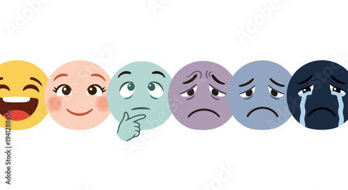 A row of colorful emoji faces displaying a spectrum of emotions from joy to deep sadness.