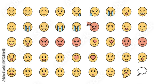 A comprehensive collection of various emoji faces depicting a wide spectrum of human emotions and expressions, including joy, sadness, anger, and love.