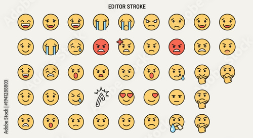 A comprehensive collection of diverse emoji icons representing a wide range of human emotions and expressions, presented in a grid format.