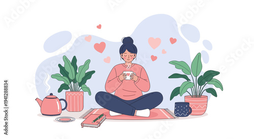 A serene woman practices self-care, meditating with a warm drink amidst lush houseplants and floating hearts, embodying peace and comfort.