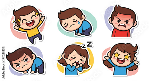 A collection of six cartoon characters depicting various human emotions and states like happiness, sadness, anger, and sleepiness.