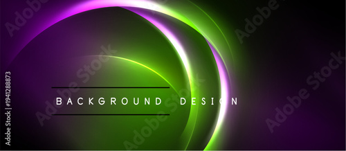 Abstract neon curves, vibrant purple, green hues dominate dark background. Text reads background design. Modern, dynamic visual presentation.
