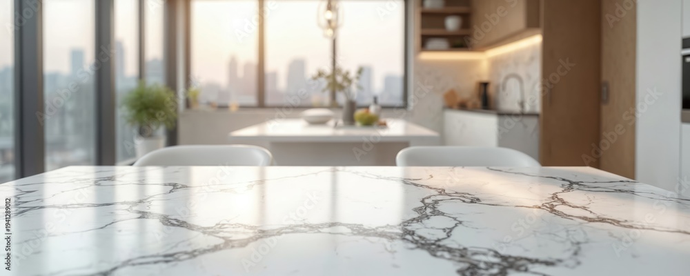 Fototapeta premium White marble table surface with dark veining in a modern kitchen setting. Blurred background shows city view and dining area, perfect for product shots.