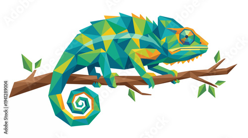 Geometric Chameleon Perched on a Branch, Polygonal Design, Vibrant Colors