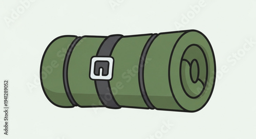 Green rolled up yoga mat with black straps and silver buckle on light background