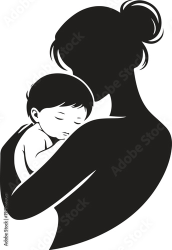 Mother holding sleeping baby in arms, motherhood love and maternal care concept, minimalist black silhouette vector isolated on white background