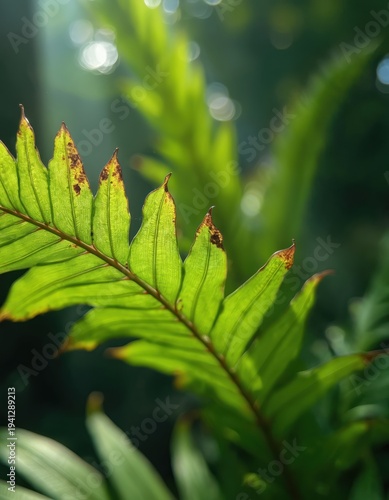 Sunlight shines through a vibrant green fern leaf. Detailed veins and edges show natural texture. Soft bokeh background creates depth. Rich forest growth evident.