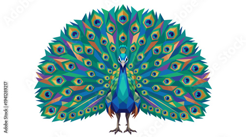Geometric Peacock Displaying Vibrant Feathered Tail