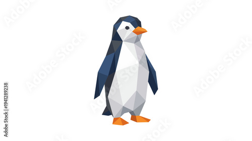 Low Poly Penguin, Geometric Animal Illustration, Minimalist Style, Isolated on White