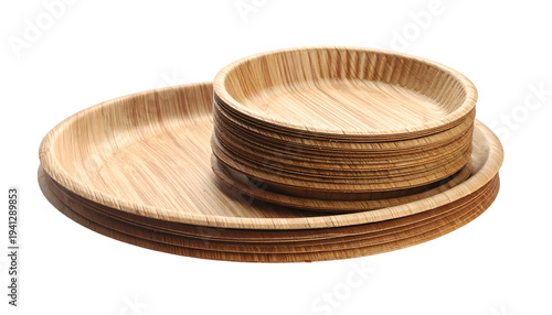 Natural wooden serving set with plates and bowls stacked, isolated on black