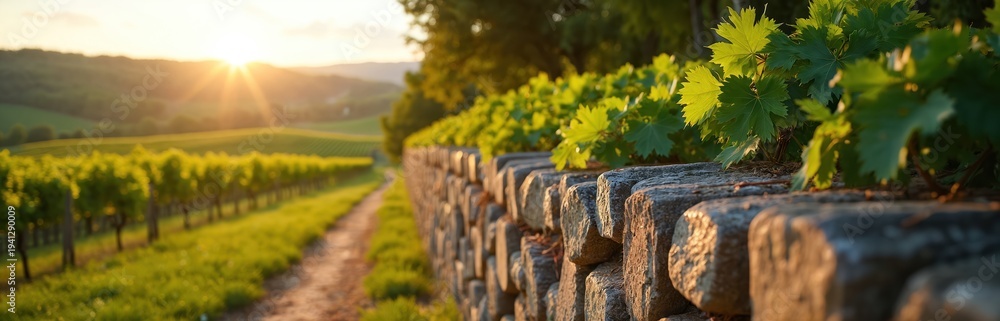 Fototapeta premium Sunlight bathes rich green vineyard rows separated by stone wall. Dirt path winds through fertile land. Rolling hills and trees form background scenery.