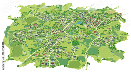 Aerial View of a Suburban Townscape with Green Spaces and Roads