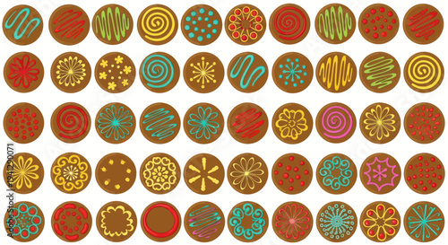 Artistic Cookies Assortment - Decorative Round Biscuits with Colorful Icing Patterns