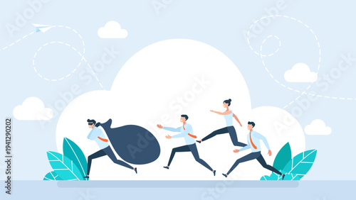 Professional group chasing a masked thief carrying a large black bag, concept of data breach, corporate espionage, intellectual property theft and security pursuit in flat style. Vector illustration.