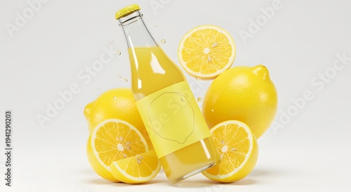 Lemonade Bottle with Fresh Lemons and Lemon Slices on White Background