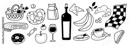 Hand-drawn black picnic sketch items set isolated on white background. Vector illustration of wine bottle and glass, food basket, sandwich and pretzel, coffee and donut for summer breakfast in park