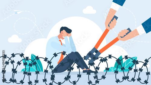 Hands cutting barbed wire to release a depressed businessman, concept of overcoming crisis, financial debt relief, mental health support and breaking free in flat style. Vector illustration.