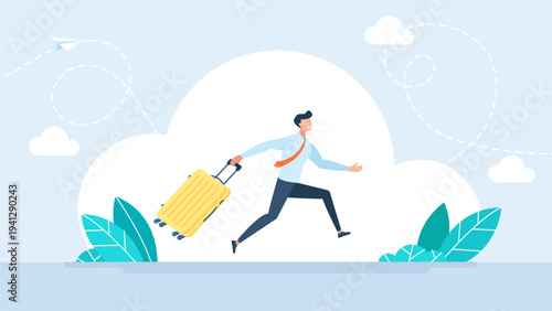 Businessman running fast with yellow travel suitcase, concept of business trip, urgent departure, relocation and global tourism in flat minimalist style. Male character. Vector illustration.