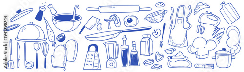 Doodle set of kitchen items and food isolated on white background. Vector illustration of cooking utensils, pots, chef tools, hand-drawn outline kitchenware, fruit and vegetables for culinary designs