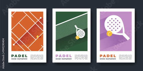 Padel tournament posters. Set of vector illustrations with court, rackets and ball, modern sport match flat banner design. Paddle tennis event flyers and competition templates