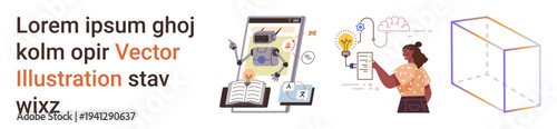 Education, innovation, technology, creativity, knowledge sharing, abstract design. Visual elements include books, AI ideas a person interacting with digital tools and geometric shapes. Education