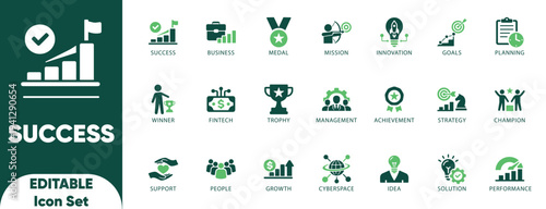 Success Icon Set. achievement, goal, management, objective, solution, strategy, success, successful, task, winner, target,, and icons.