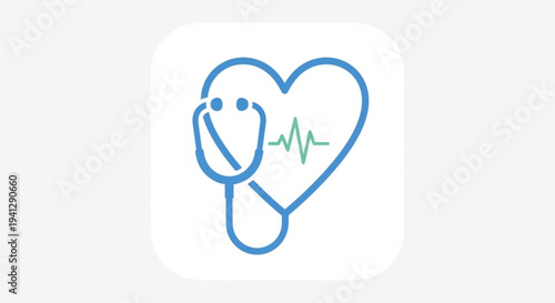 Stethoscope wrapped around a smiling heart with ecg line symbolizing healthcare and wellness