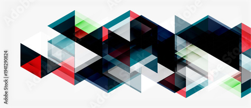 Abstract geometric composition. Overlapping triangles create dynamic visual texture. Colors include red, green, blue, gray, black.