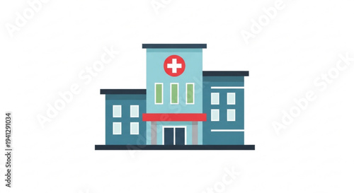Medical building with red cross symbol on white background