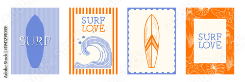 Vintage surf stamp, summer hand drawn coastal posters, set vector illustrations. Retro beach badge design, travel postcards with seashells in minimalist borders, tropical stickers with surfboards