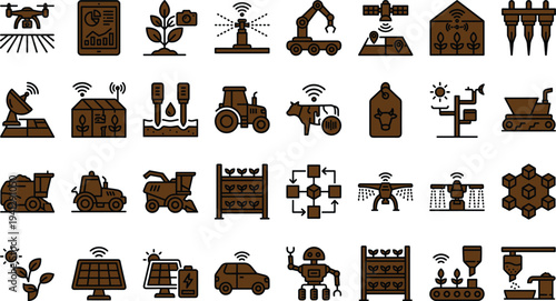 Smart agriculture technology icon set with drone monitoring sensors robotics irrigation systems tractors analytics and precision farming