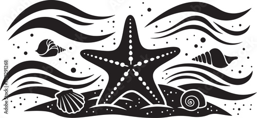 Black and White Starfish with Seashells Oceanic Illustration Art