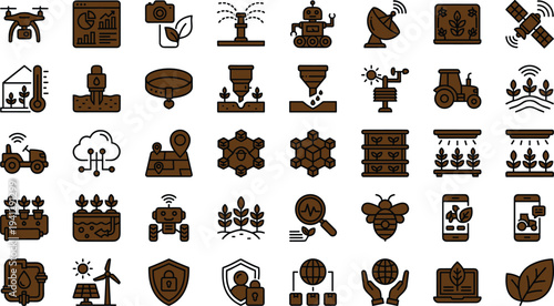 Smart agriculture technology icon set featuring drone monitoring sensors robotics irrigation automation analytics and precision farming