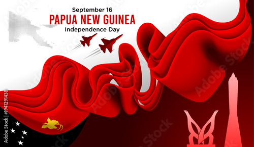 Papua New Guinea Independence Day Background with Red Black Ribbon and National Landmarks