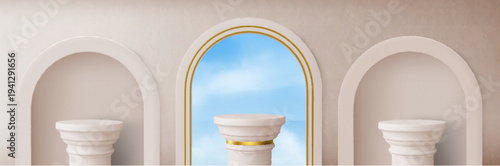 Roman pillars on beige wall background with arch windows. Vector realistic illustration of antique marble podium on blue sky backdrop, decorated with golden design elements, elegant 3D gallery display