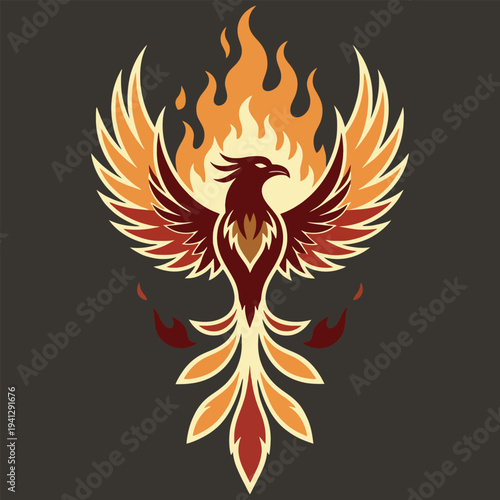 Fire phoenix asthmatic moscot vector illustration of a black angel with wings and phoenix feathers designed as a symbolic eagle tattoo flying through fire